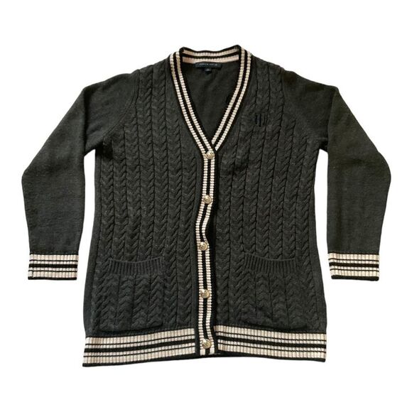 Tommy Hilfiger Button Up Cable Knit Striped V-Neck Gray Cardigan Women's Size L - Picture 2 of 15